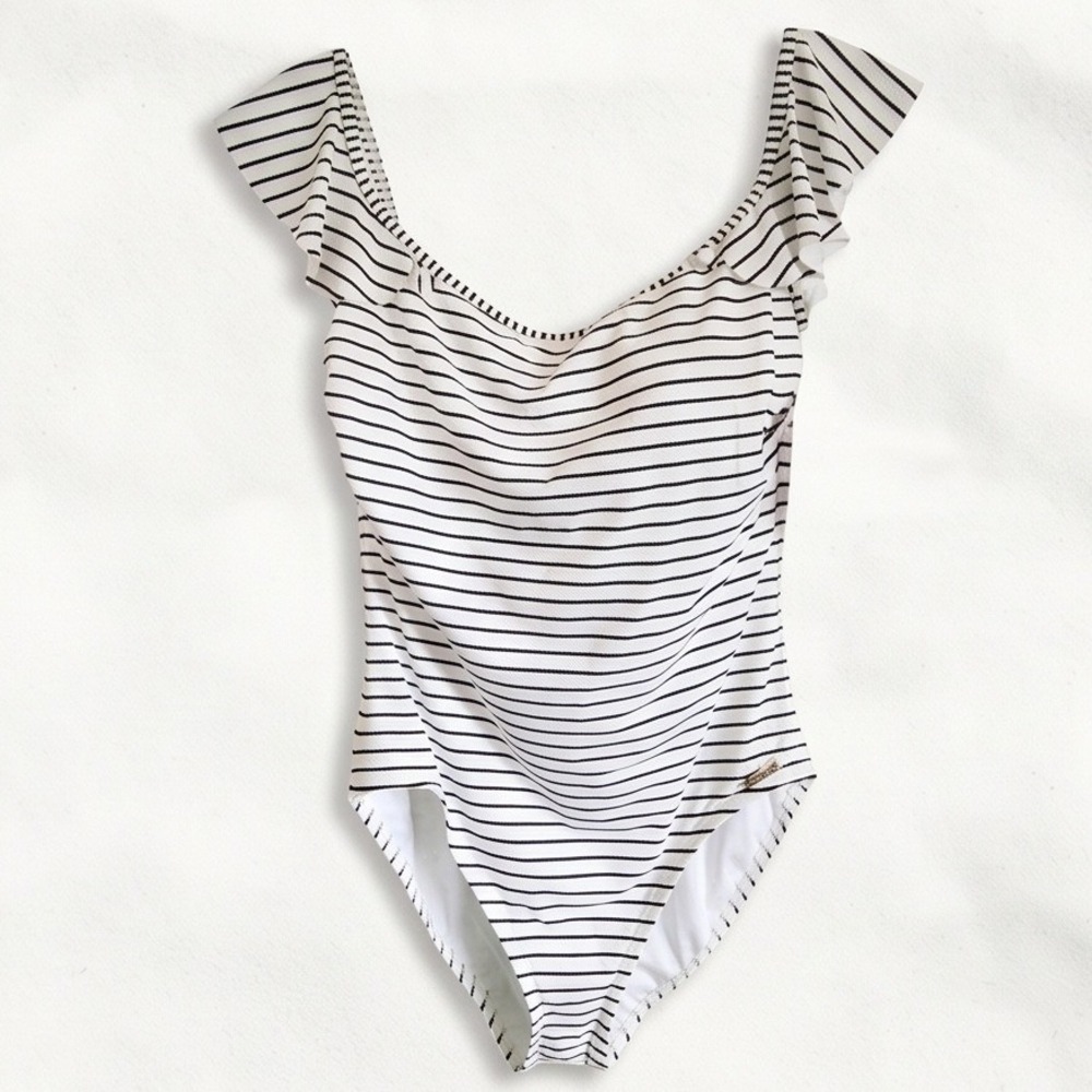 Vince Camuto 14 Black White Striped Ruffle One‎ Piece Swimsuit Romantic NWT